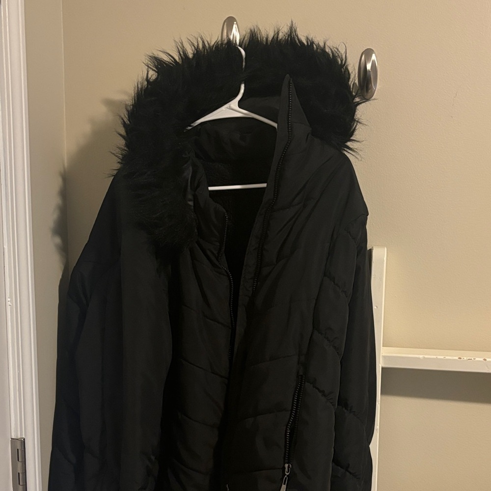 Falls Creek Women's Black Puffer Jacket with Faux Fur Hood